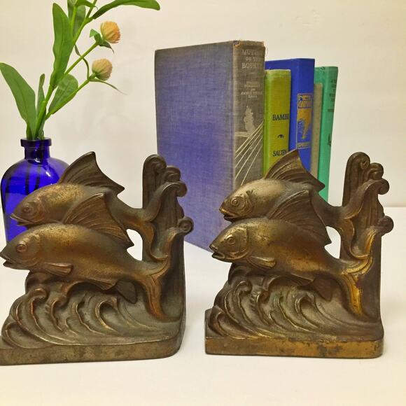 Vintage Hubley Art Deco 1925 Goldfish Koi Bookends Pair Metal Art Nouveau